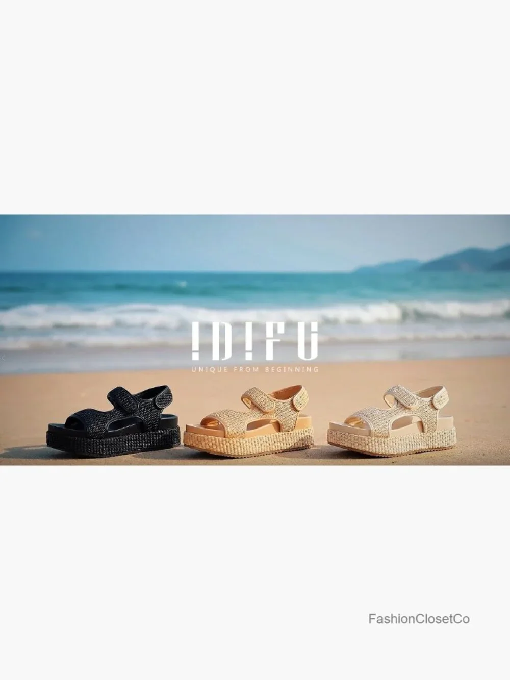 Platform Sandals with Raffia Woven Straps, Hook & Loop Closure, Chunky Sole,